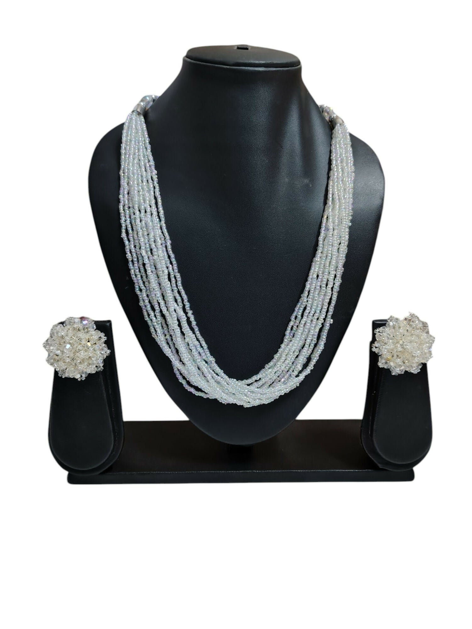 Inhanns Bloom Handmade Beaded Necklace With Earrings - 12 Layers - Ivory