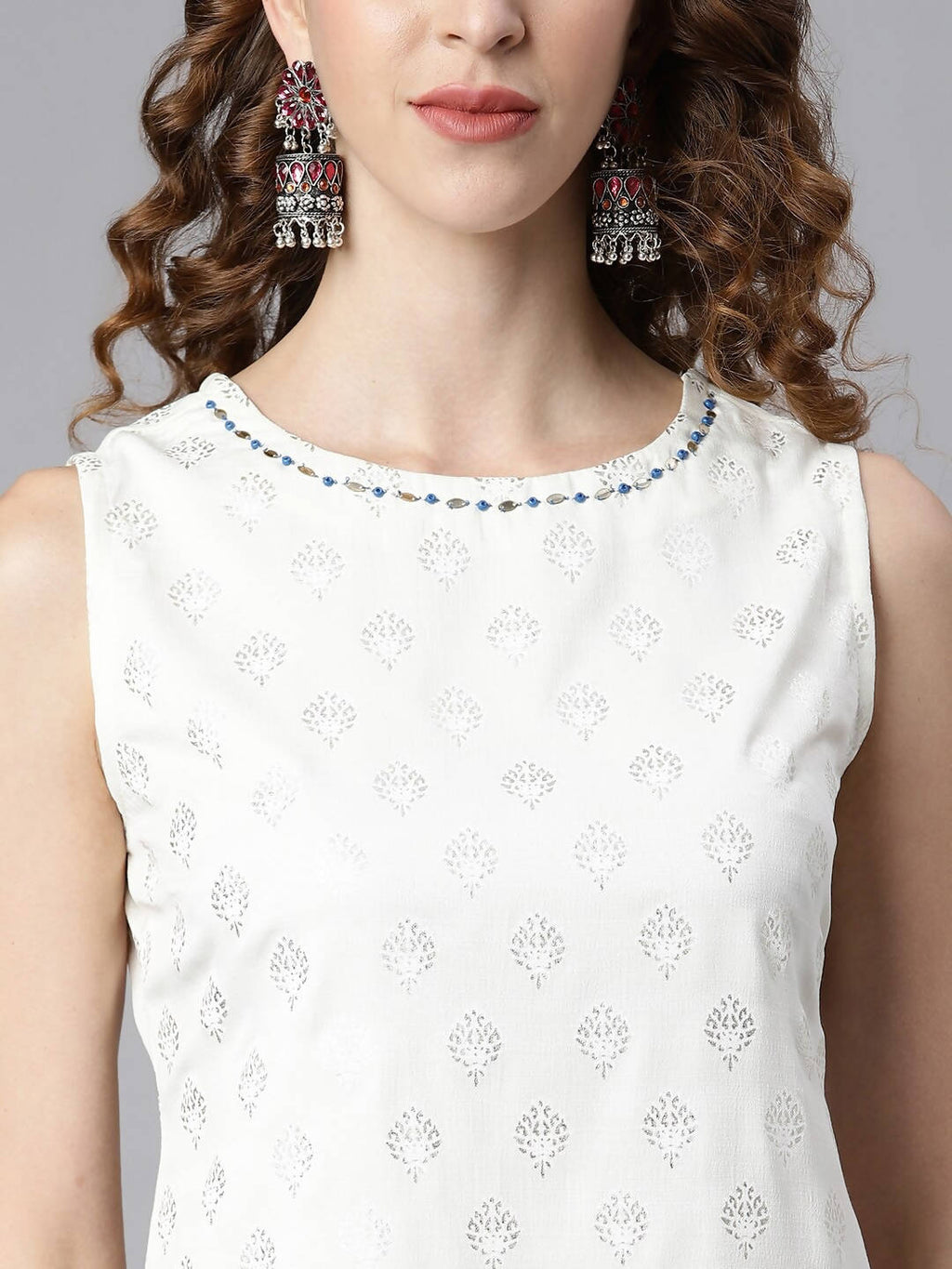 Janasya Off White & Silver Printed Kurta with Palazzos & Dupatta - Distacart