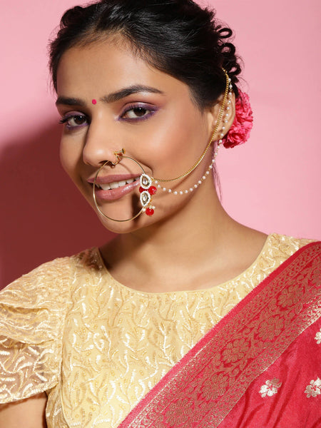 Gold-Pleated Red White Kundan Studded Beaded Nosepin - Ruby Raang