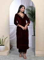 Miravan Women's Maroon Velvet Sequence Work Straight Kurta With Palazzo