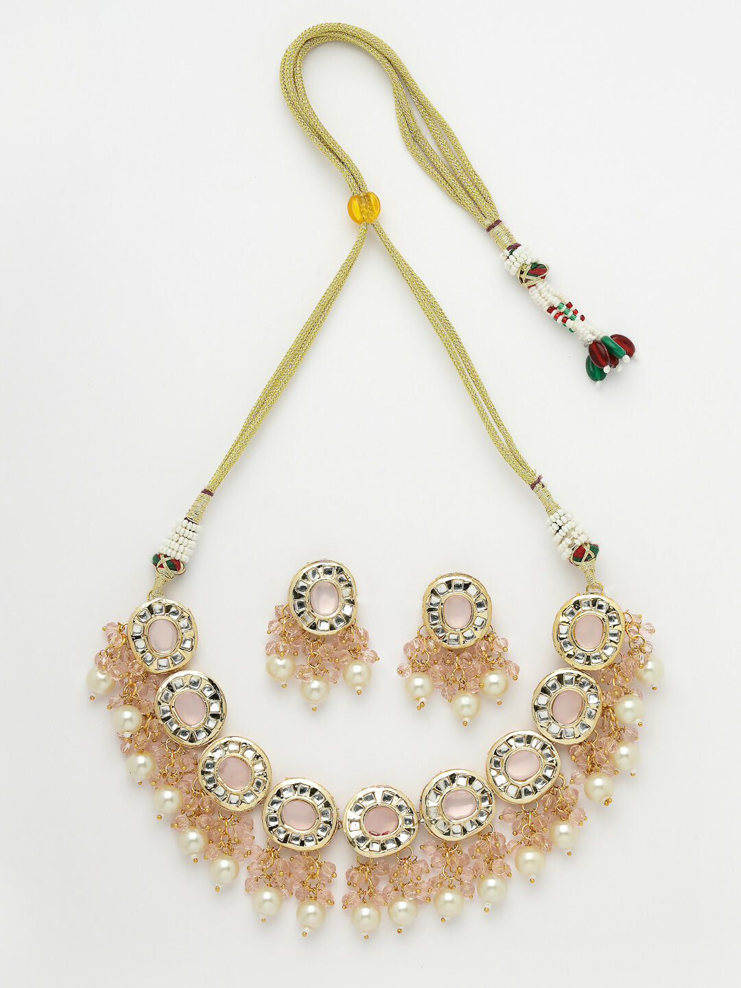 NVR Women Gold-Polished Kundan-Studded & Beaded Jewellery Set Necklace and Earrings