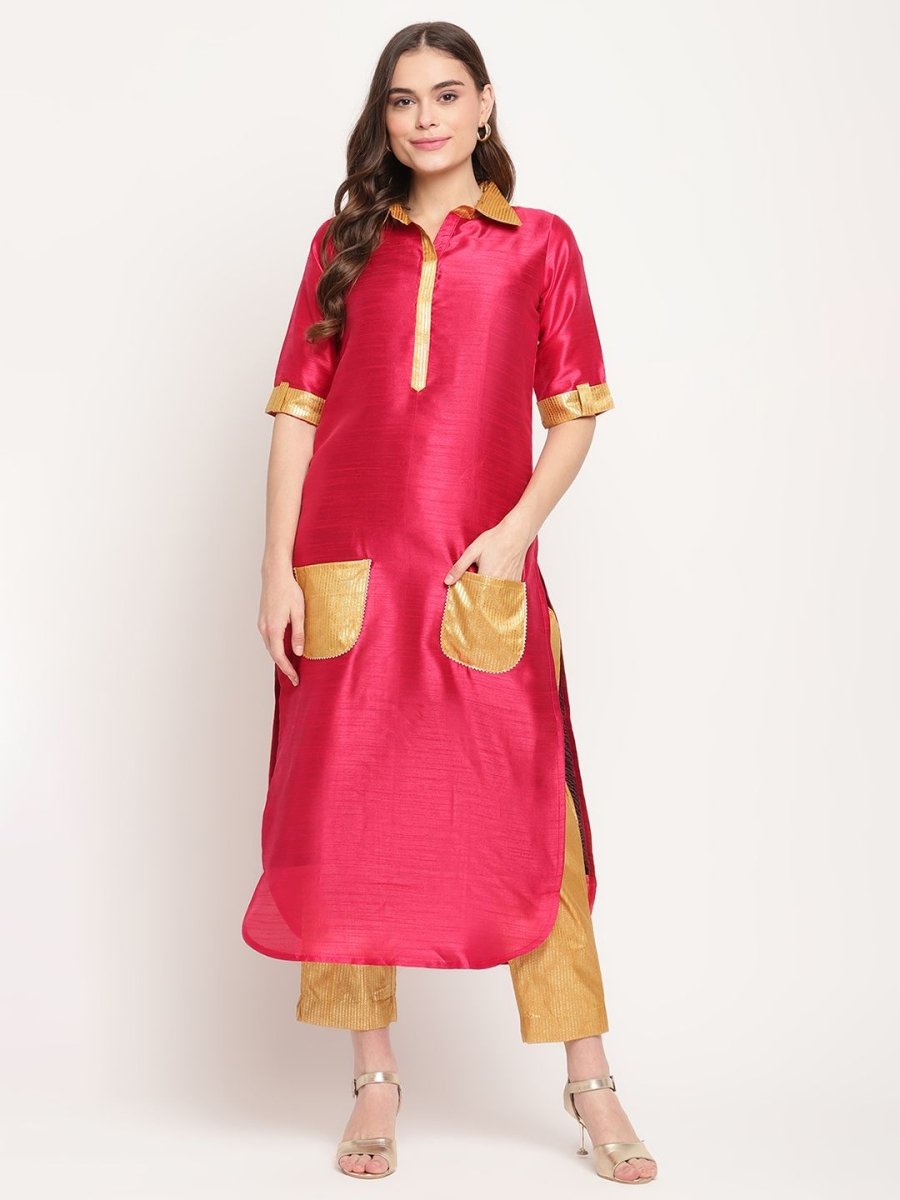 Ahalyaa Women's Dark Pink Poly Silk Kurta Trouser Set