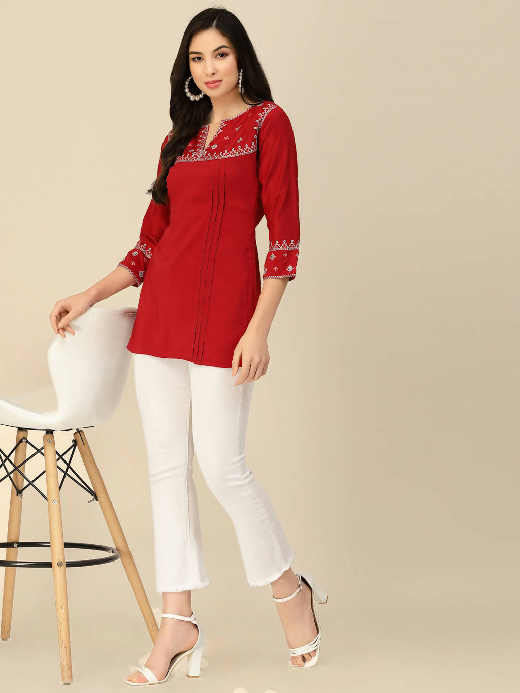 Red Chinon Floral Embroidered Top - Zeny