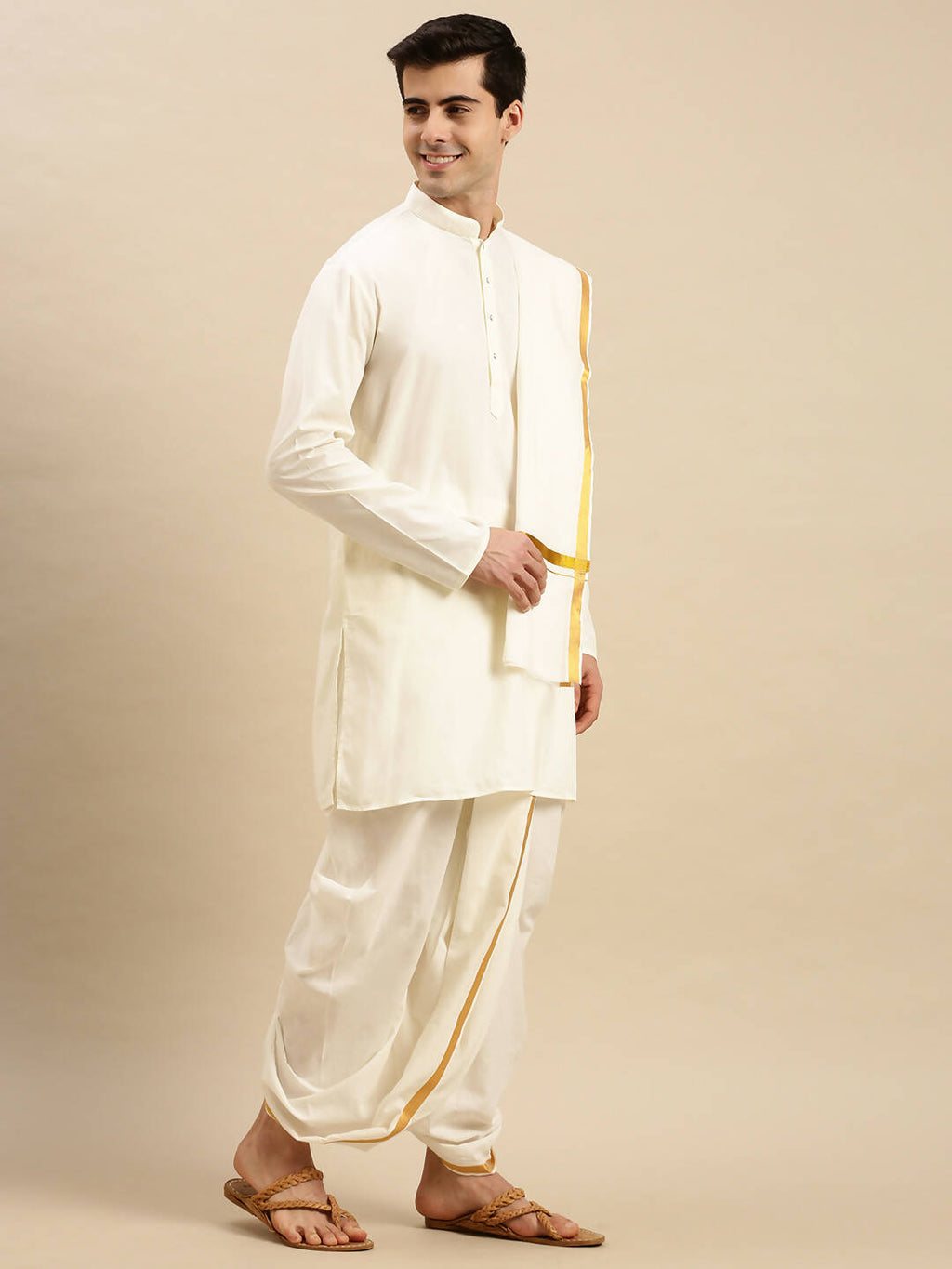 Ramraj Cotton Premium Wedding Cream Readymade Panchakacham,Kurta & Towel Set RP Jari