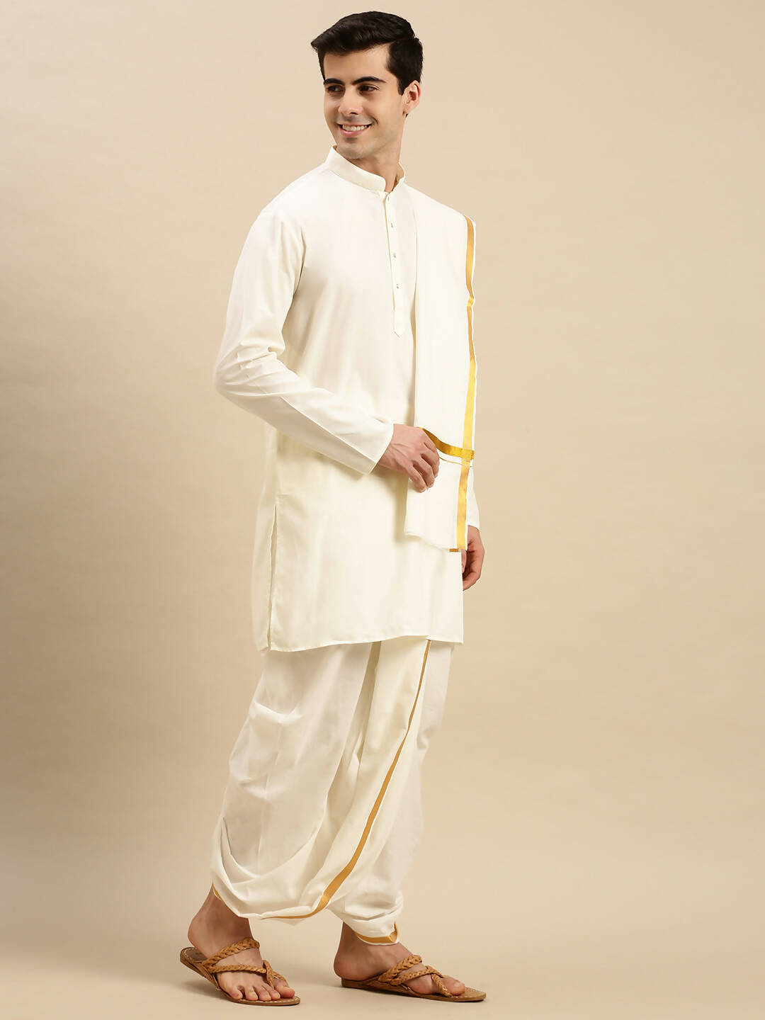 Ramraj Cotton Premium Wedding Cream Readymade Panchakacham,Kurta & Towel Set RP Jari