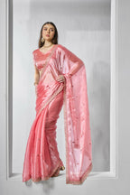 Coral Burburry silk Designer Embroidery Work Saree - Shezlin