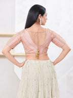 Joban Fashion Peach Jacquard Elbow Sleeveless Back Open Blouse