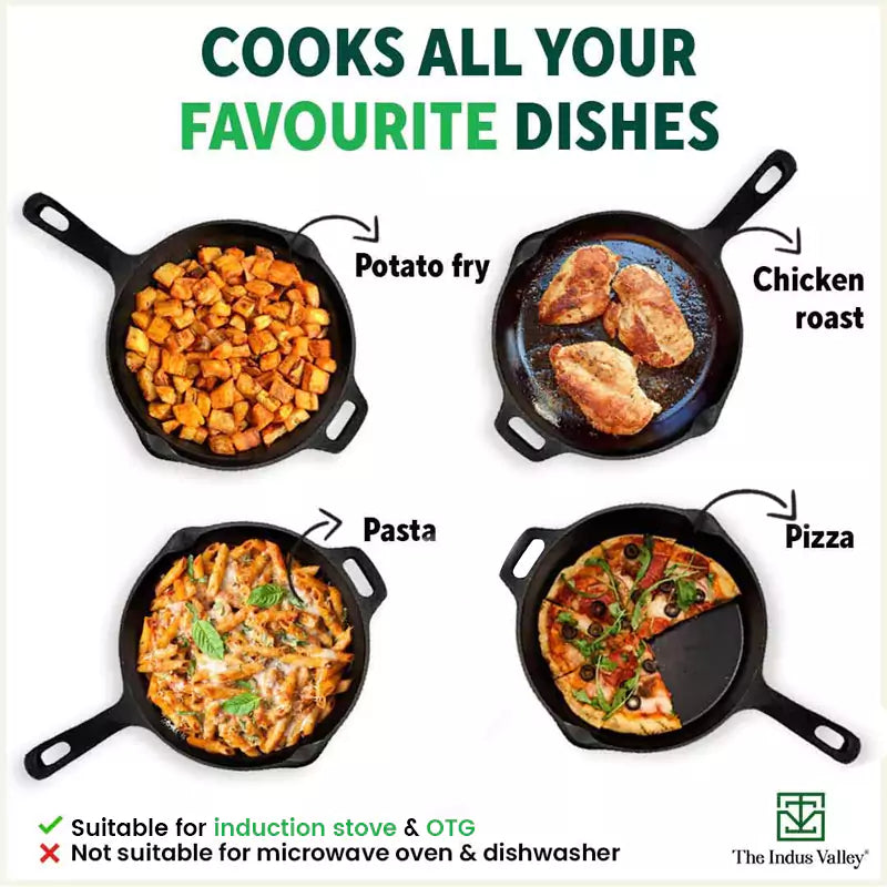 The Indus Valley Super Smooth Cast Iron Frypan, Pre-seasoned, Nonstick, 100% Pure,Toxin-free, Tadka Pan, 25.4cm, 1.7L, 2.4kg