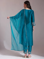 Yufta Teal Blue Embroidered Kurta With Pant And Dupatta Comes With Cotton Lining - Distacart