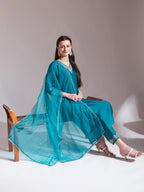 Yufta Teal Blue Embroidered Kurta With Pant And Dupatta Comes With Cotton Lining - Distacart