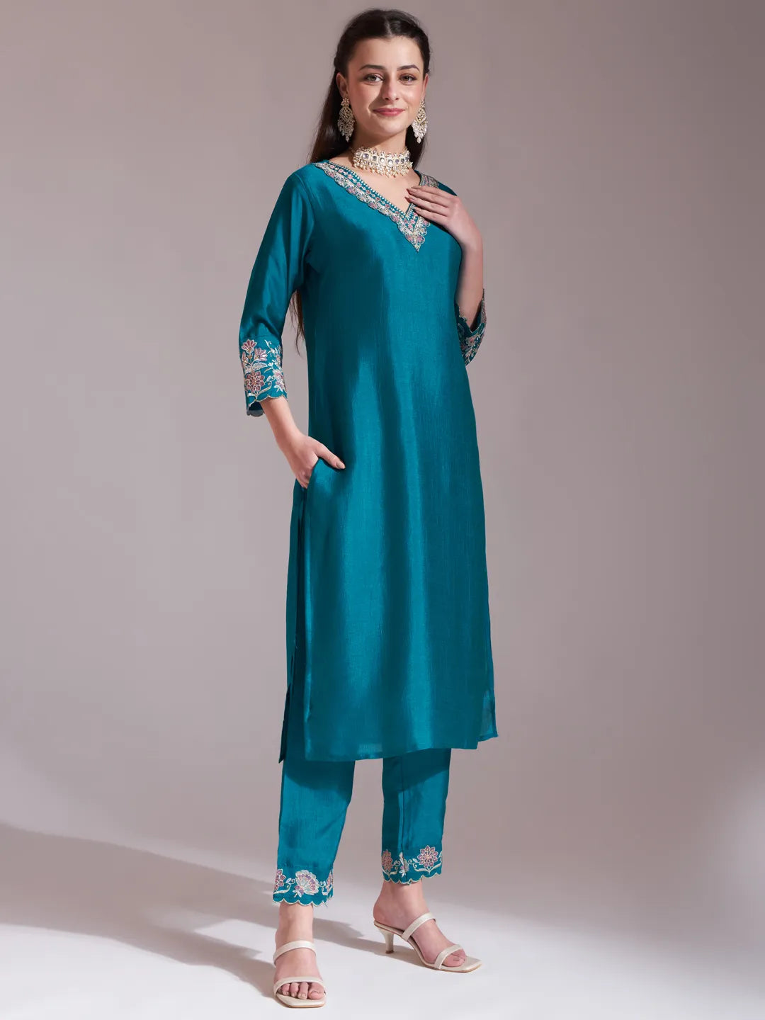Yufta Teal Blue Embroidered Kurta With Pant And Dupatta Comes With Cotton Lining - Distacart