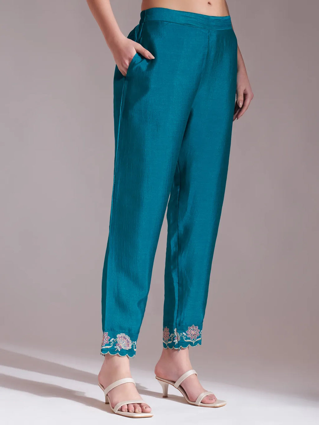 Yufta Teal Blue Embroidered Kurta With Pant And Dupatta Comes With Cotton Lining - Distacart