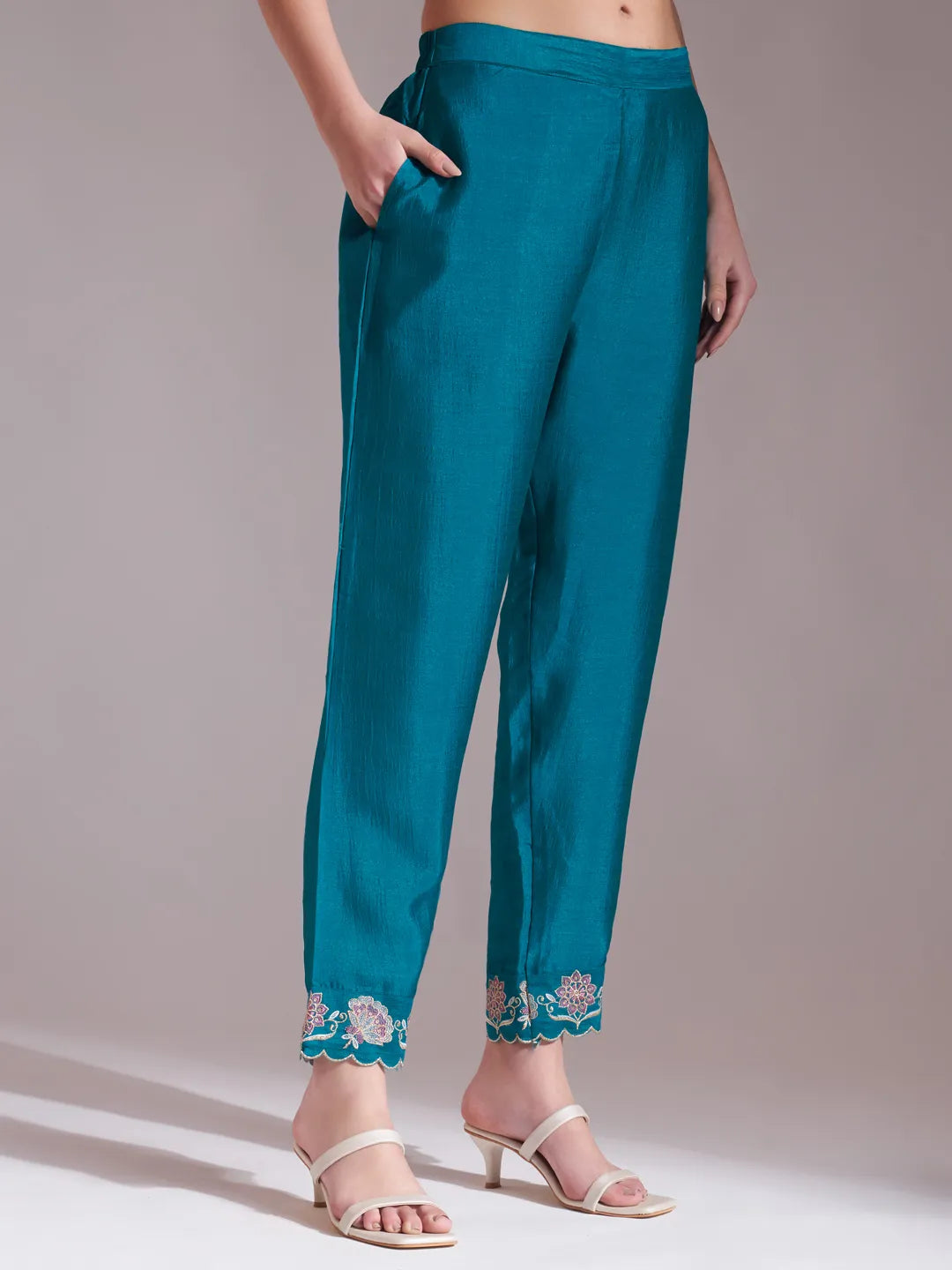 Yufta Teal Blue Embroidered Kurta With Pant And Dupatta Comes With Cotton Lining - Distacart