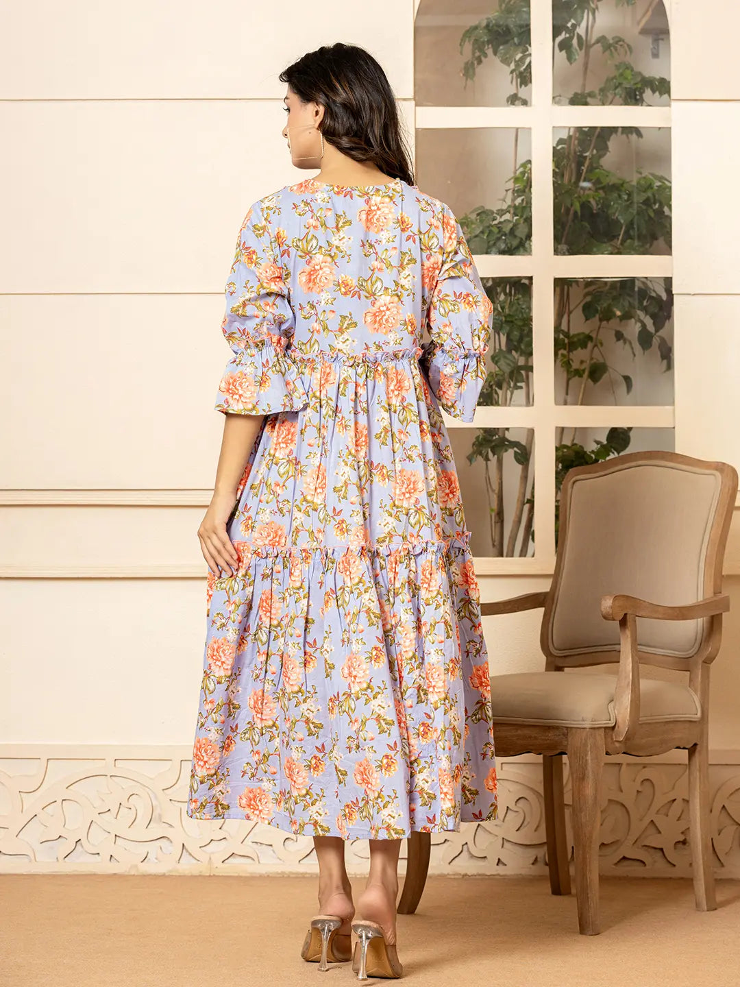 Yufta Violet Cotton Floral Print Tiered Dress With Ruffles - Distacart