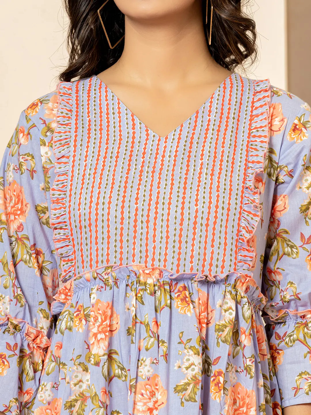 Yufta Violet Cotton Floral Print Tiered Dress With Ruffles - Distacart
