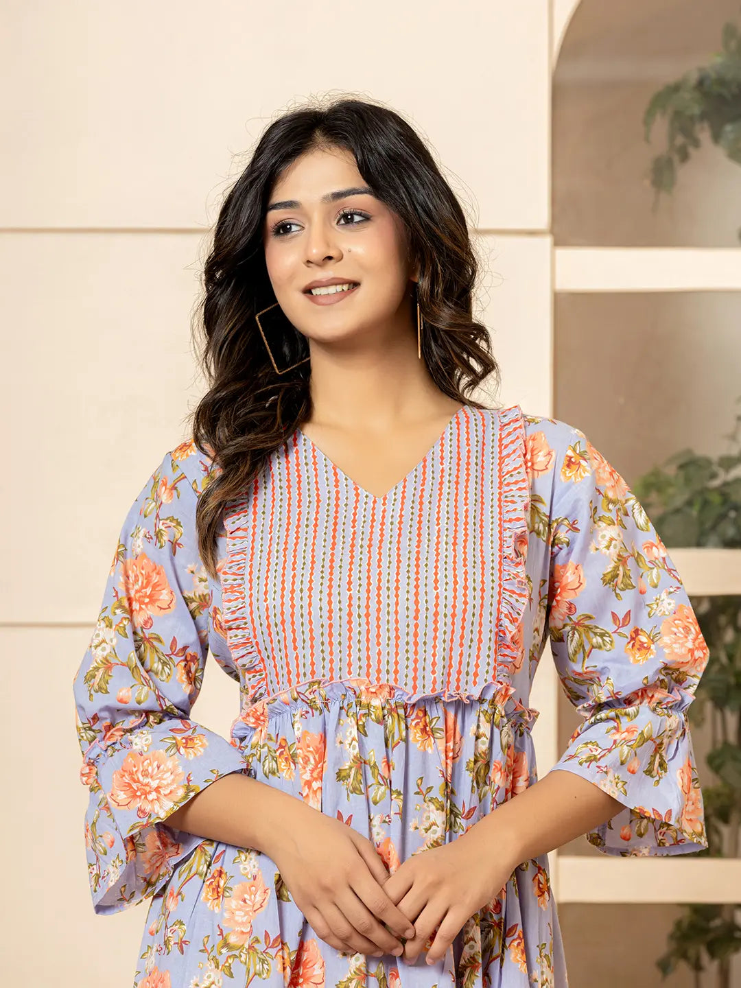 Yufta Violet Cotton Floral Print Tiered Dress With Ruffles - Distacart