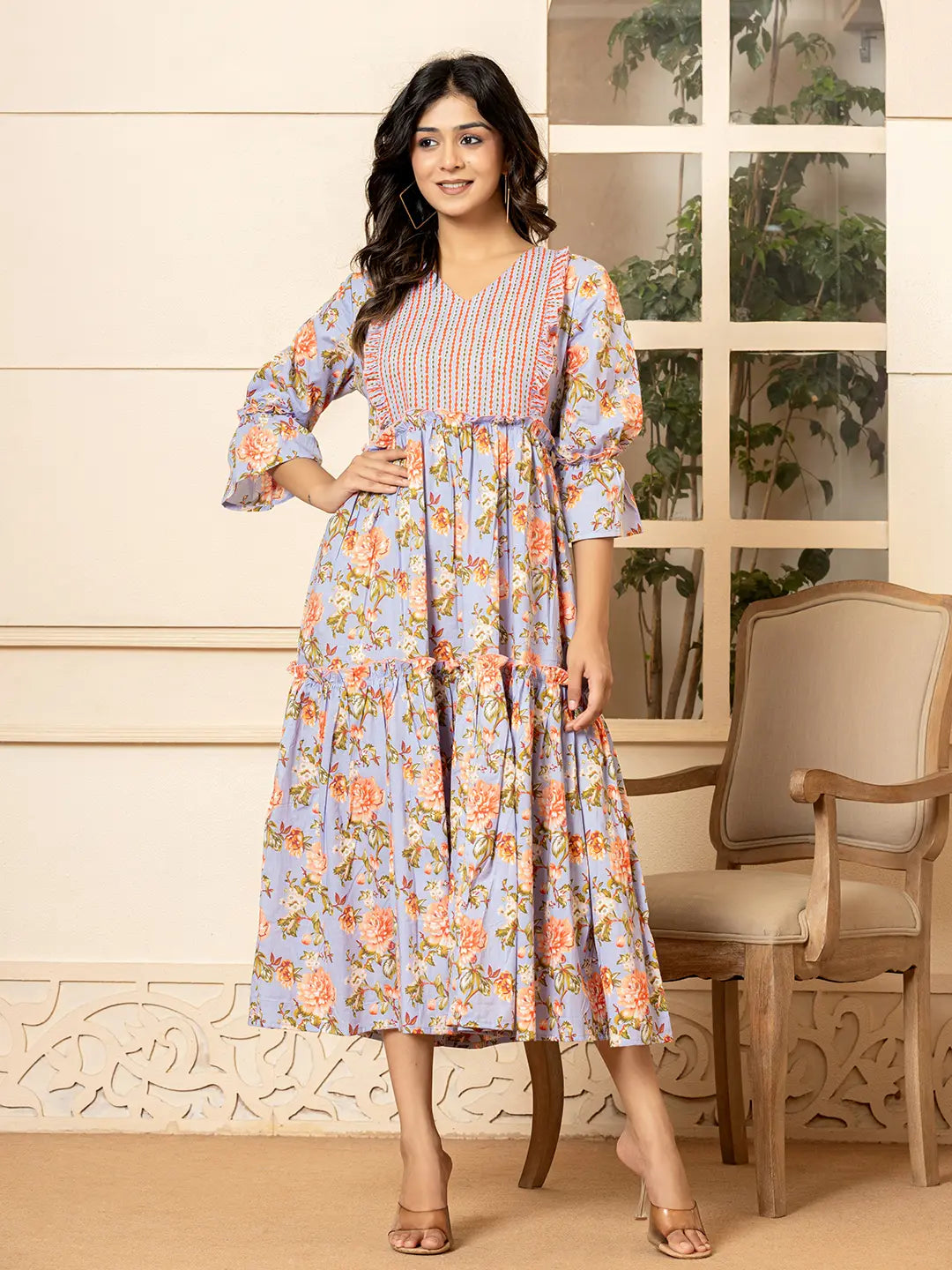 Yufta Violet Cotton Floral Print Tiered Dress With Ruffles - Distacart