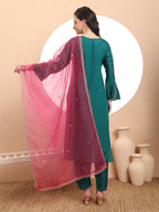 Yufta Teal Green Embroidered Kurta With Pant And Dupatta Comes With Cotton Lining - Distacart