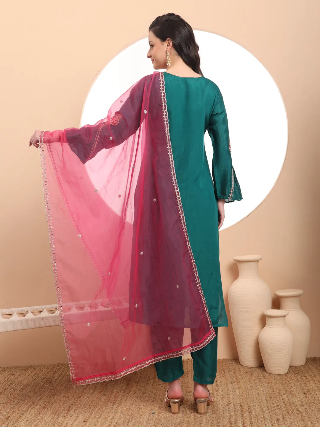 Yufta Teal Green Embroidered Kurta With Pant And Dupatta Comes With Cotton Lining - Distacart
