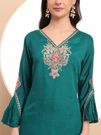 Yufta Teal Green Embroidered Kurta With Pant And Dupatta Comes With Cotton Lining - Distacart