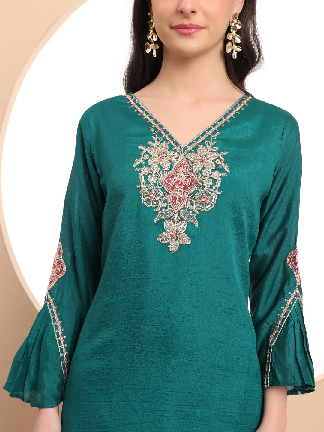 Yufta Teal Green Embroidered Kurta With Pant And Dupatta Comes With Cotton Lining - Distacart