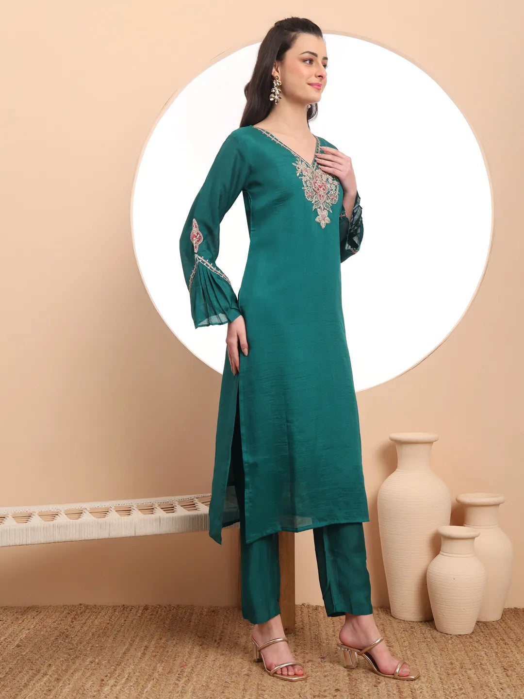 Yufta Teal Green Embroidered Kurta With Pant And Dupatta Comes With Cotton Lining - Distacart