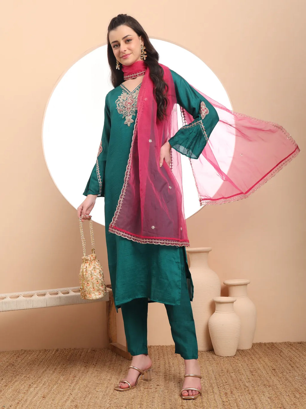 Yufta Teal Green Embroidered Kurta With Pant And Dupatta Comes With Cotton Lining - Distacart