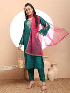 Yufta Teal Green Embroidered Kurta With Pant And Dupatta Comes With Cotton Lining - Distacart