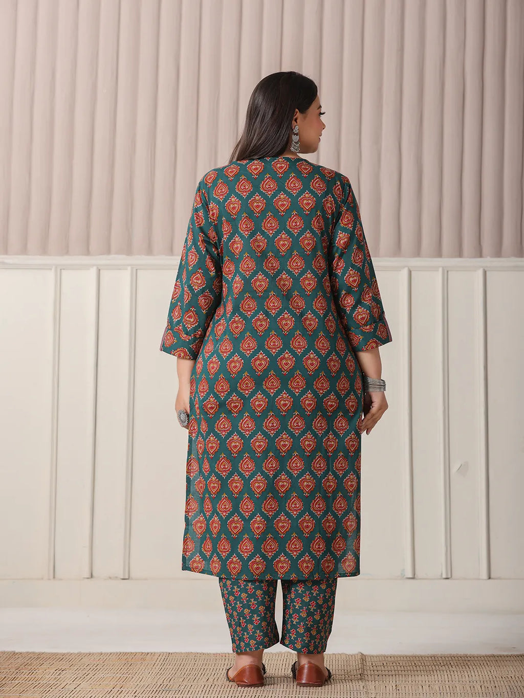Yufta Teal Green Pure Cotton Sequins-Cutdana Work Kurta Dupatta Pant Set - Distacart