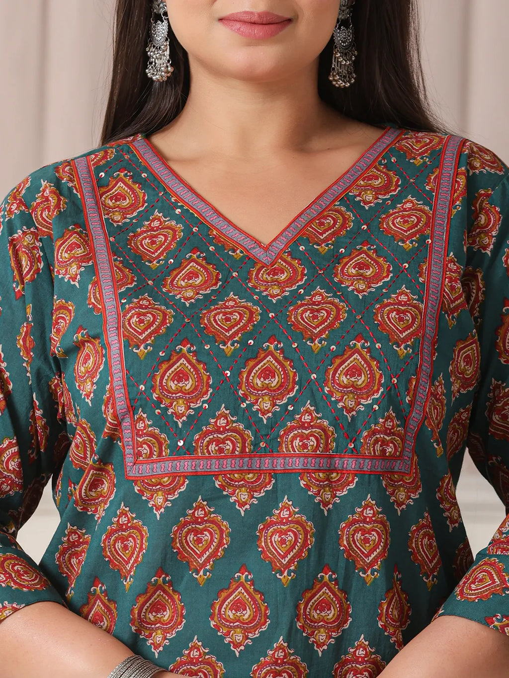 Yufta Teal Green Pure Cotton Sequins-Cutdana Work Kurta Dupatta Pant Set - Distacart
