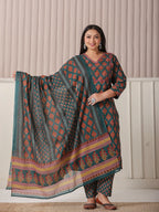 Yufta Teal Green Pure Cotton Sequins-Cutdana Work Kurta Dupatta Pant Set - Distacart