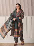 Yufta Teal Green Pure Cotton Sequins-Cutdana Work Kurta Dupatta Pant Set - Distacart