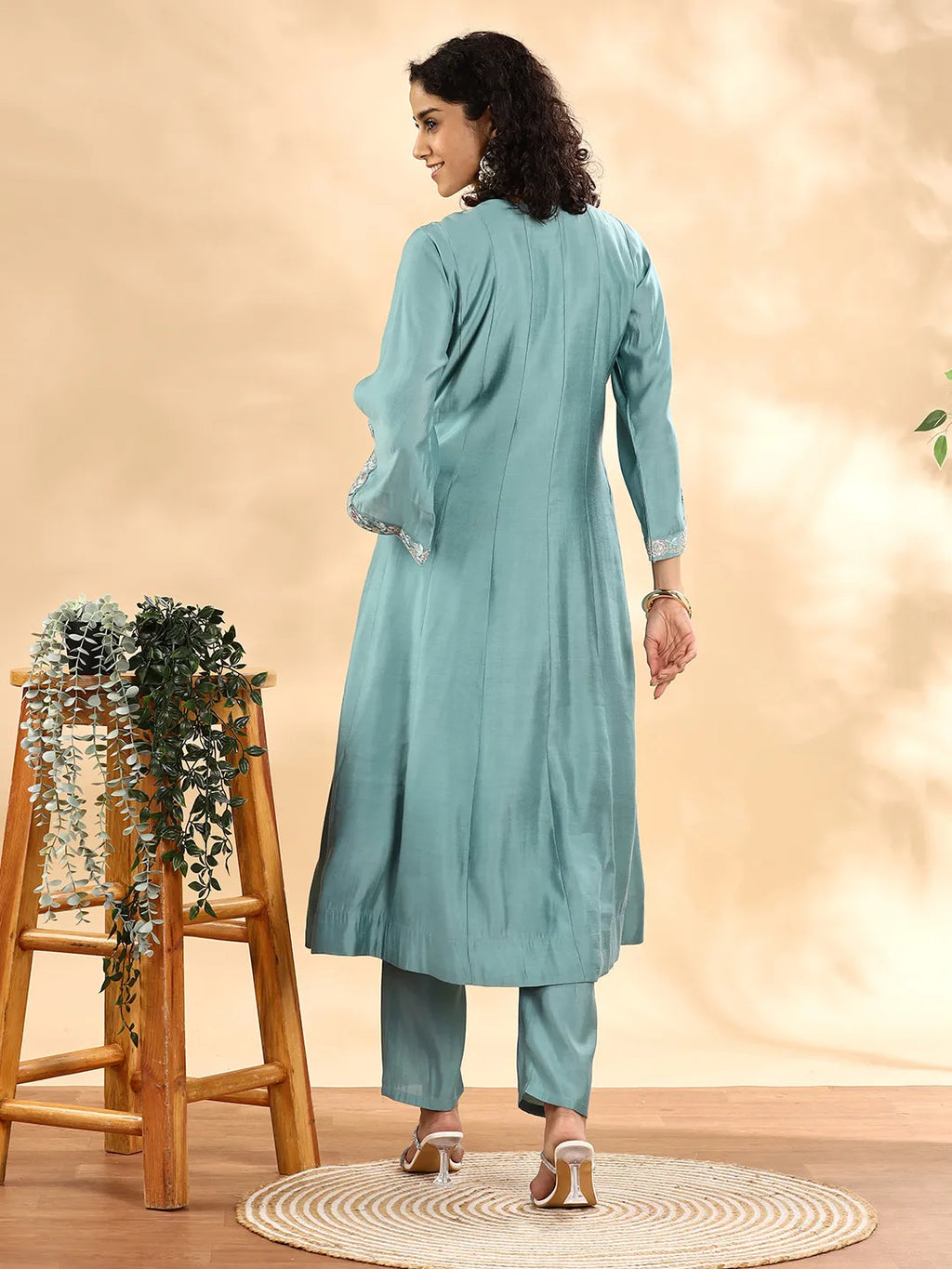 Yufta Teal Green Silk Embroidered Angrakha Kurta Pant Set With Organza Dupatta Set - Distacart