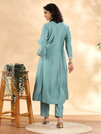 Yufta Teal Green Silk Embroidered Angrakha Kurta Pant Set With Organza Dupatta Set - Distacart