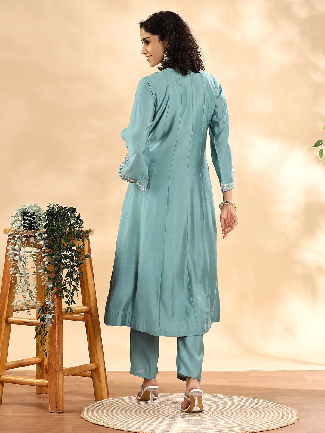 Yufta Teal Green Silk Embroidered Angrakha Kurta Pant Set With Organza Dupatta Set - Distacart