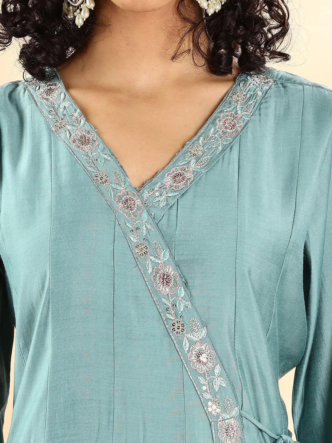 Yufta Teal Green Silk Embroidered Angrakha Kurta Pant Set With Organza Dupatta Set - Distacart