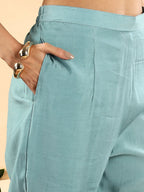 Yufta Teal Green Silk Embroidered Angrakha Kurta Pant Set With Organza Dupatta Set - Distacart