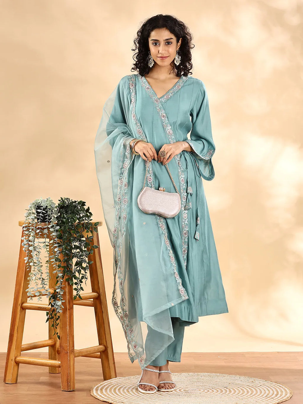 Yufta Teal Green Silk Embroidered Angrakha Kurta Pant Set With Organza Dupatta Set - Distacart