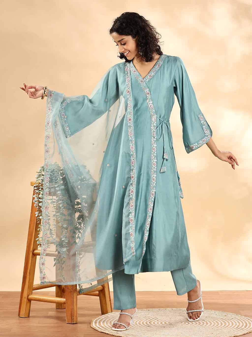 Yufta Teal Green Silk Embroidered Angrakha Kurta Pant Set With Organza Dupatta Set - Distacart