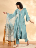 Yufta Teal Green Silk Embroidered Angrakha Kurta Pant Set With Organza Dupatta Set - Distacart