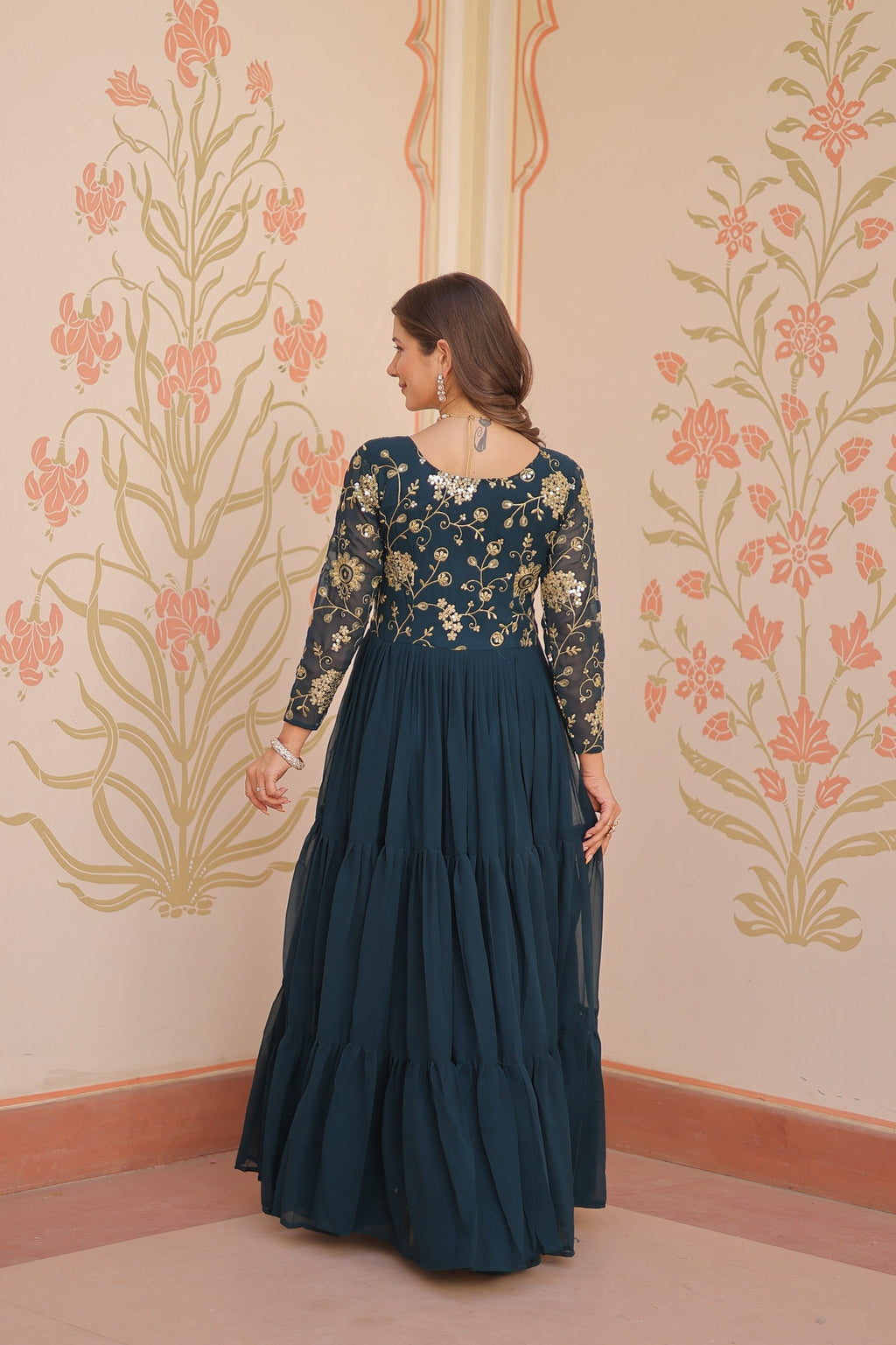Evanik Teal Faux Blooming With Sequins & Zari Embroidered work Gown - Distacart