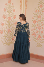 Evanik Teal Faux Blooming With Sequins & Zari Embroidered work Gown - Distacart