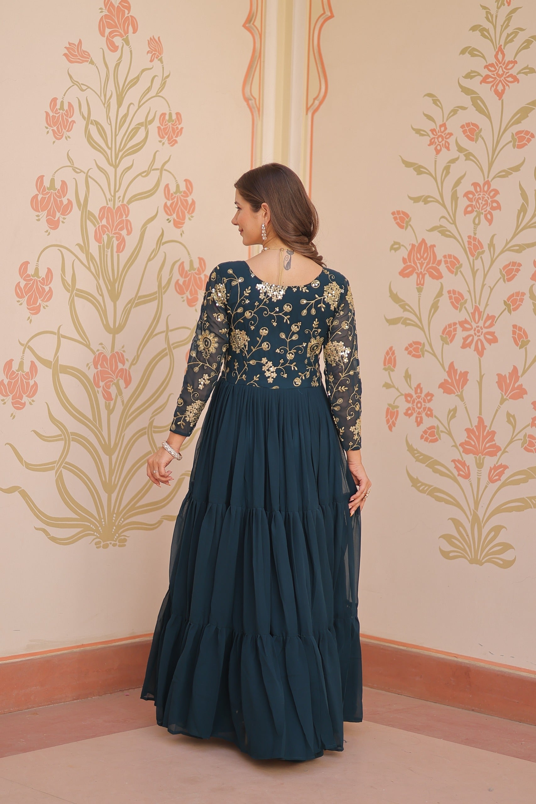 Evanik Teal Faux Blooming With Sequins & Zari Embroidered work Gown - Distacart