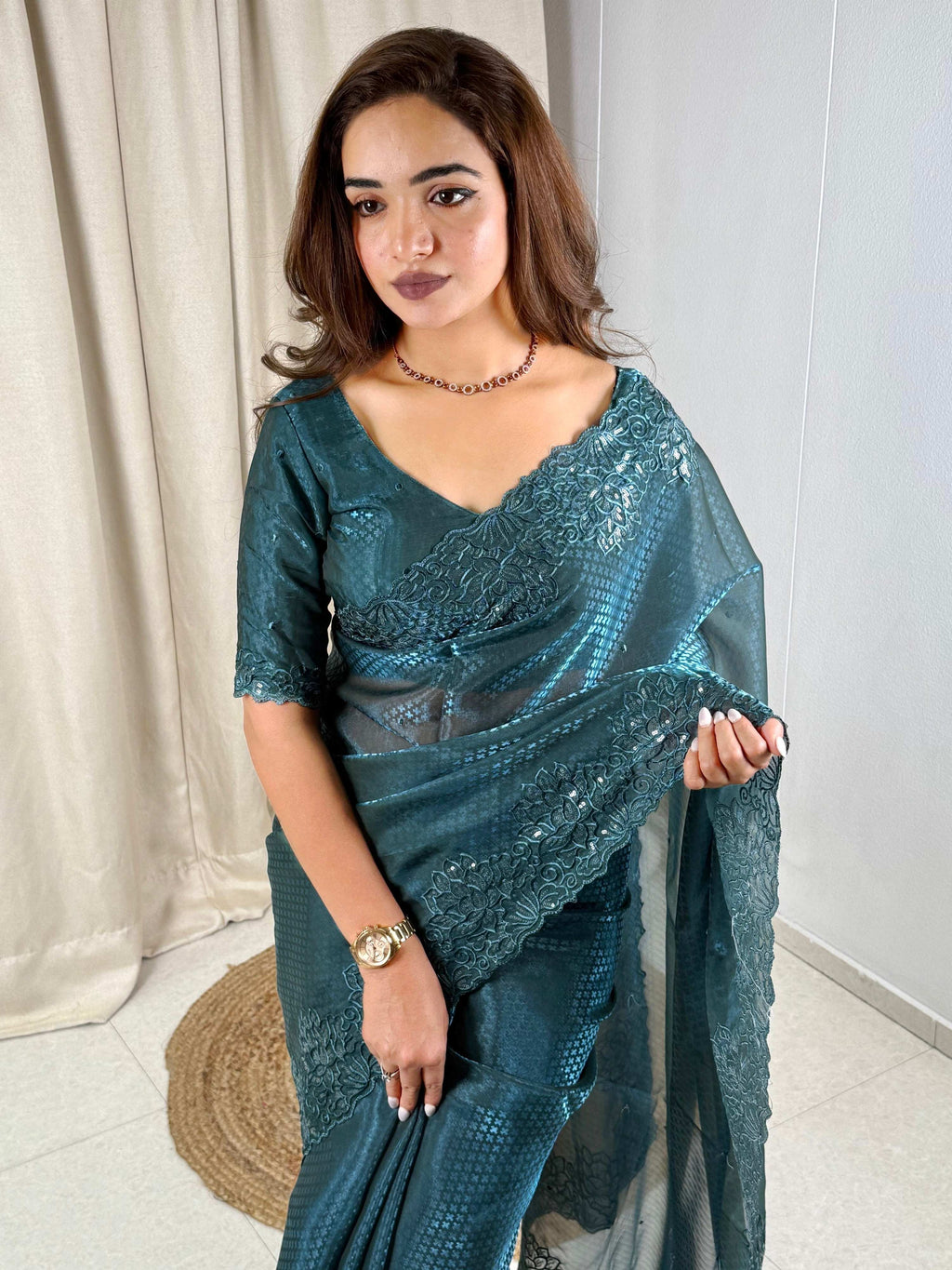 Evanik Teal Glass Satin Jecquard Weaving With Thread Sequence Work Saree With Blouse - Distacart
