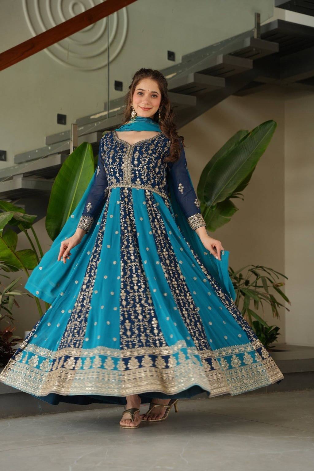 Evanik Teal Faux Georgette With Zari & Sequins Embroidered work Wedding Gown - Distacart