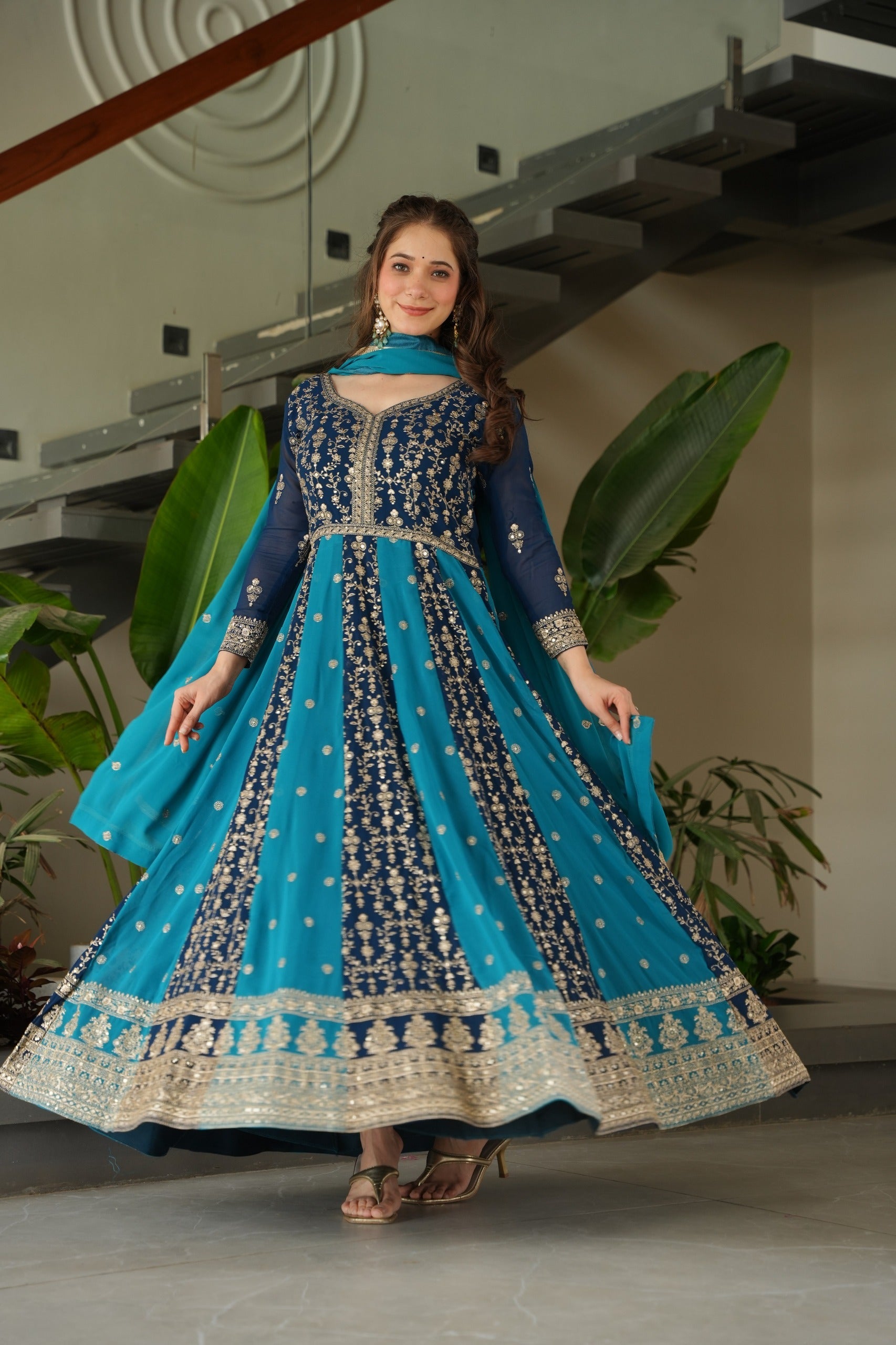 Evanik Teal Faux Georgette With Zari & Sequins Embroidered work Wedding Gown - Distacart