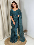 Evanik Teal Glass Satin Jecquard Weaving With Thread Sequence Work Saree With Blouse - Distacart