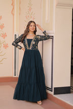 Evanik Teal Faux Blooming With Sequins & Zari Embroidered work Gown - Distacart