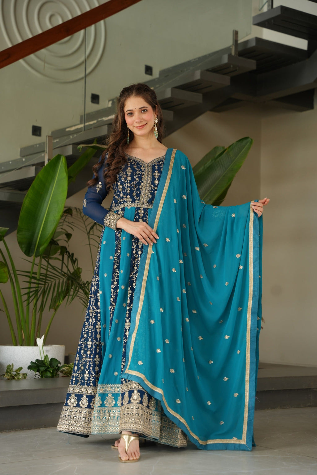 Evanik Teal Faux Georgette With Zari & Sequins Embroidered work Wedding Gown - Distacart