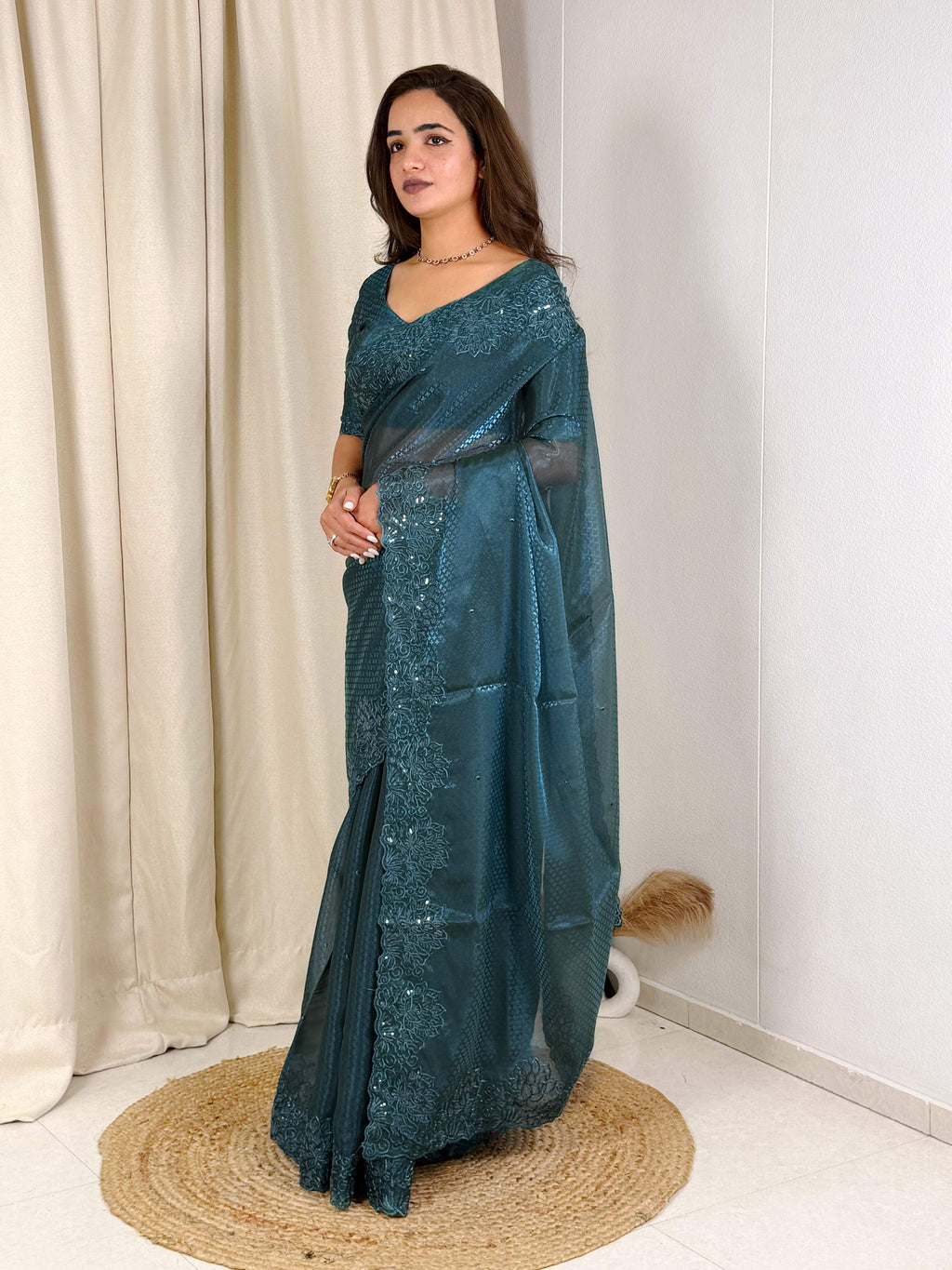 Evanik Teal Glass Satin Jecquard Weaving With Thread Sequence Work Saree With Blouse - Distacart